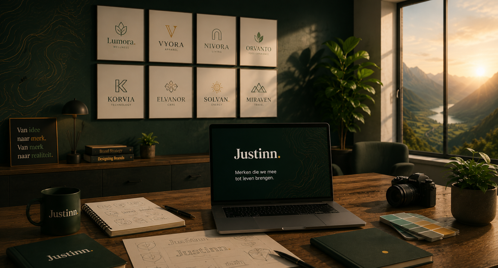 Justinn werkruimte met merkontwerpen aan de muur, een laptop met het Justinn-logo en uitzicht op bergen bij zonsopgang