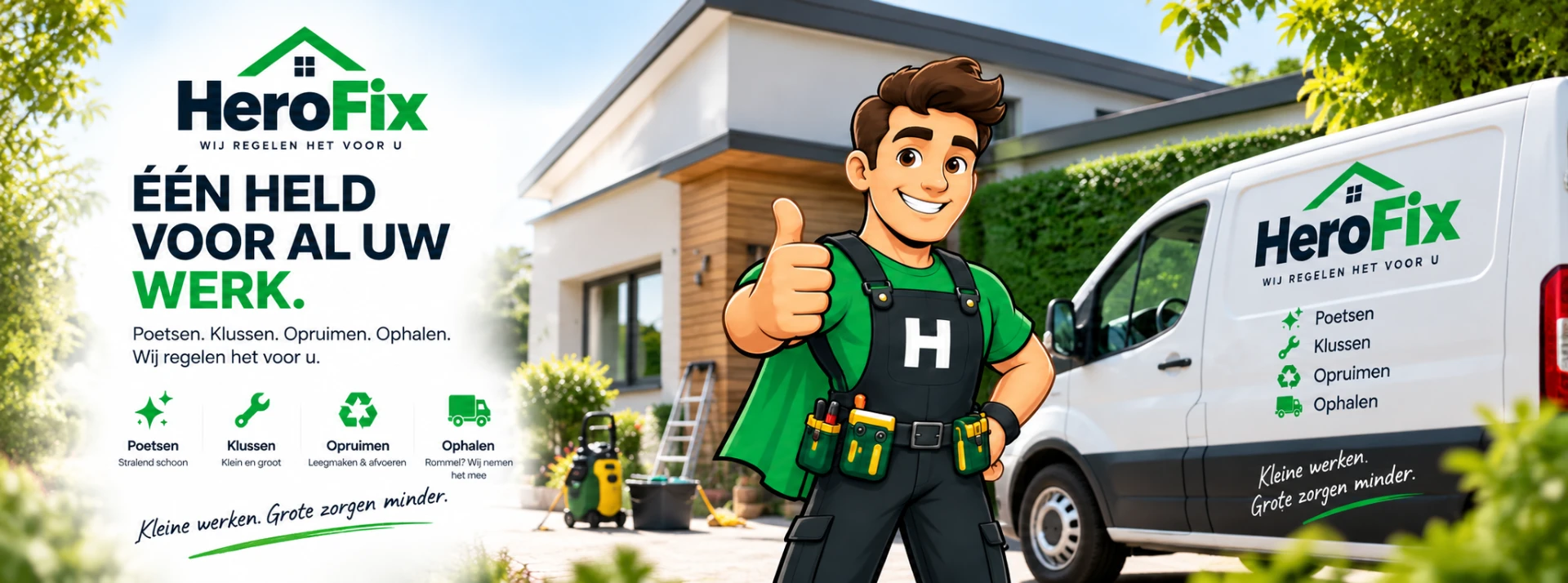 HeroFix hoofdbeeld: de HeroFix-held met bestickerde bestelwagen voor een woning