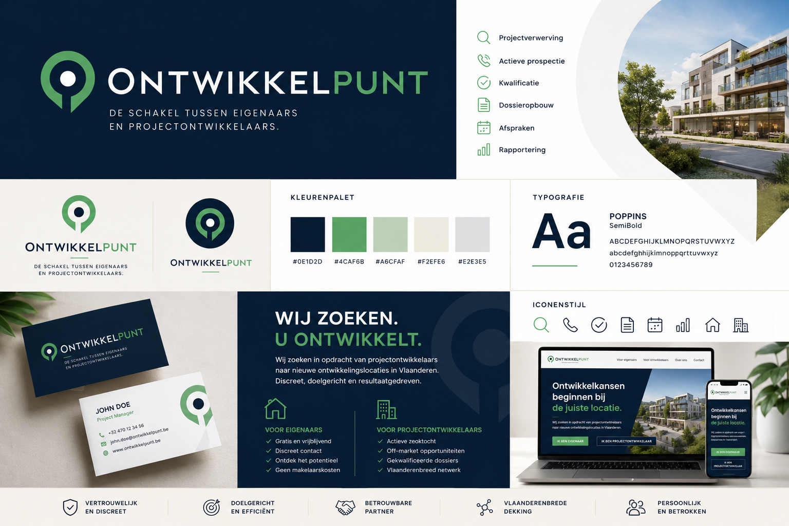 Brandboard van Ontwikkelpunt met logo, kleurenpalet, typografie, iconenstijl, drukwerk en website
