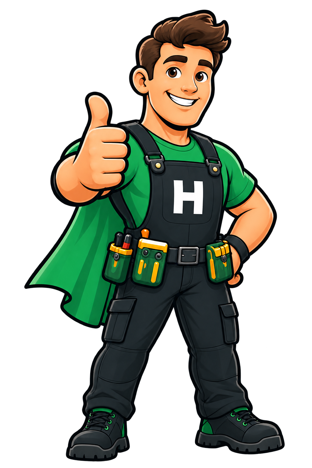 De HeroFix-mascotte: een vakman met groene cape en gereedschapsriem