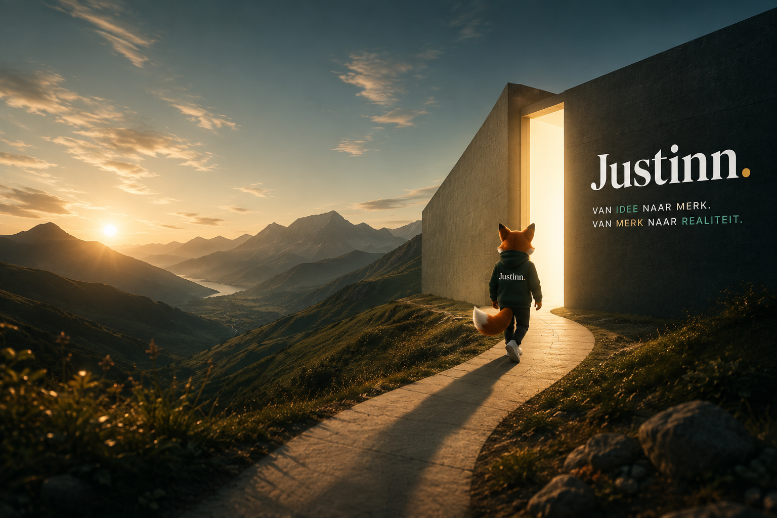 Justy, de mascotte van Justinn, loopt naar een verlichte deur in een berglandschap bij zonsopgang