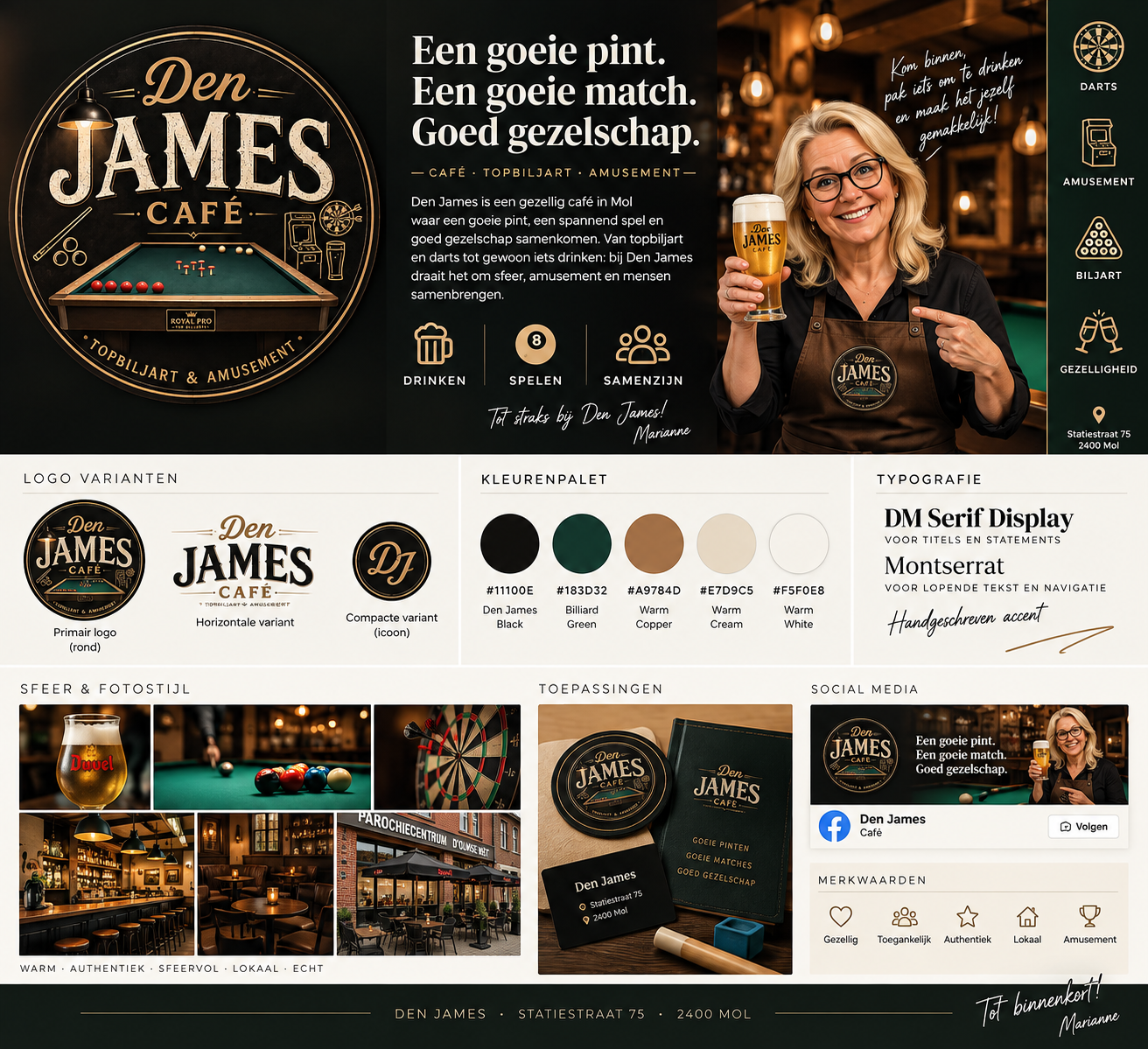 Huisstijlvisual van Den James met logovarianten, kleurenpalet, typografie, sfeerbeelden en toepassingen