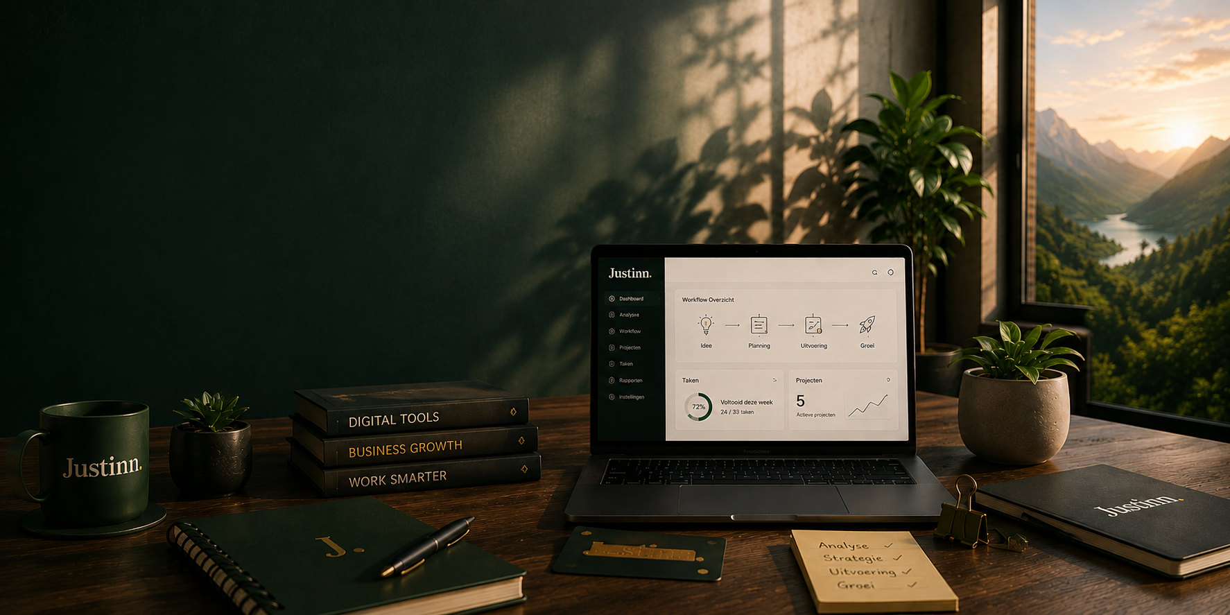 Justinn werkplek met laptop, boeken, notities, mok en planten bij een raam met uitzicht op bergen