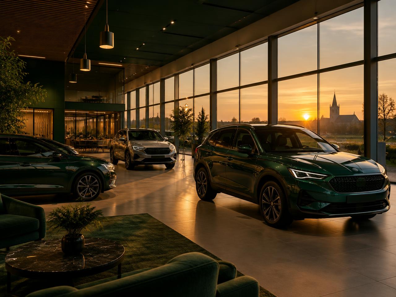 Autoshowroom met wagens in warm avondlicht