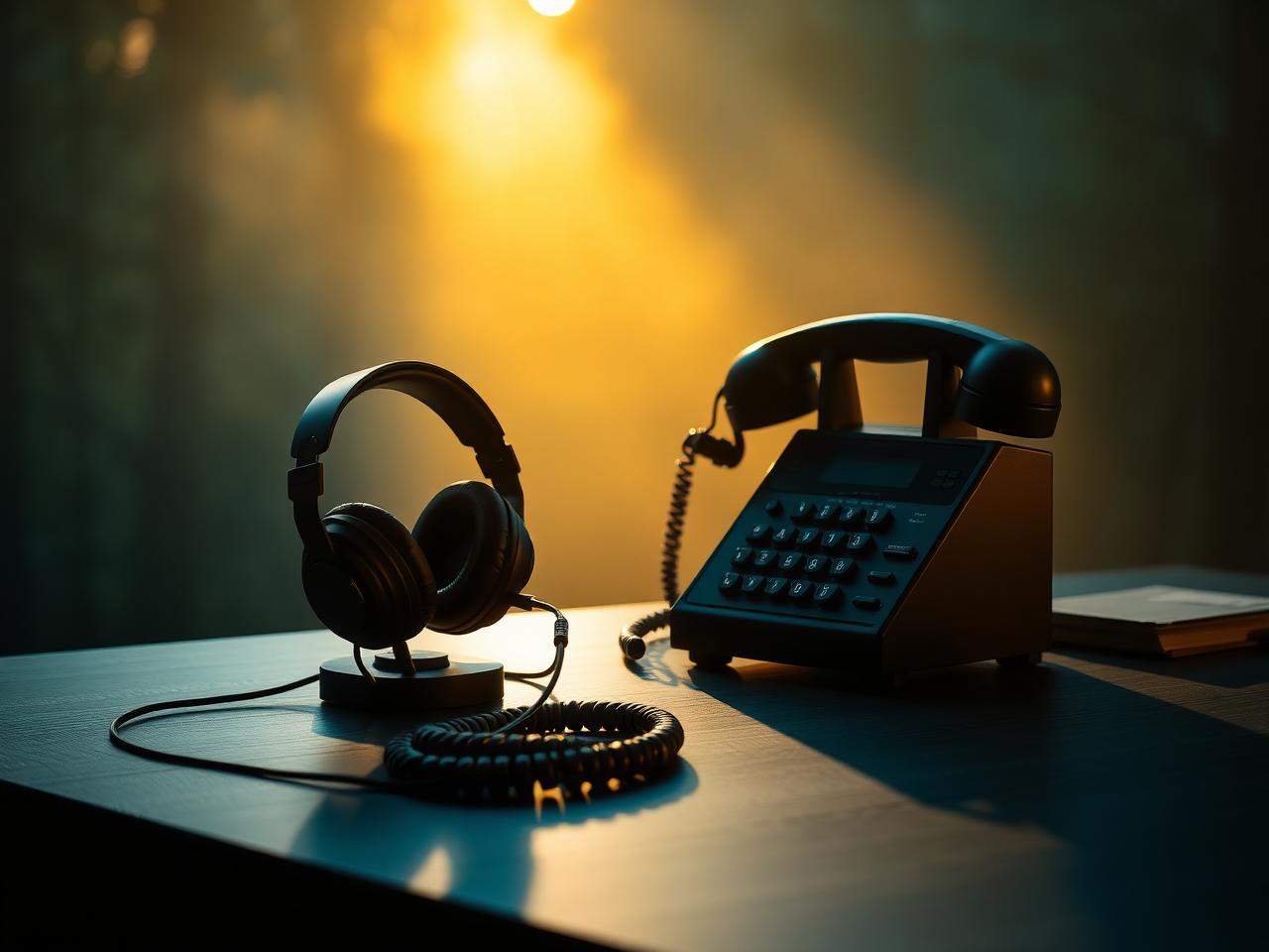 Headset en telefoon op een donkergroen bureau in warm ochtendlicht
