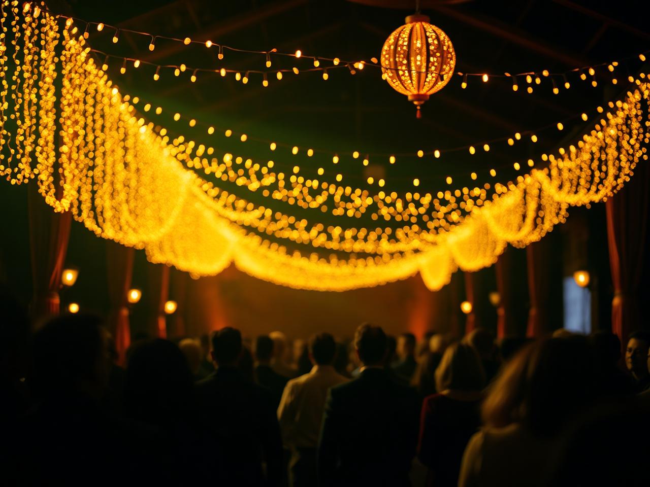 Sfeervolle eventlocatie met gouden lichtjes en publiek in de avond
