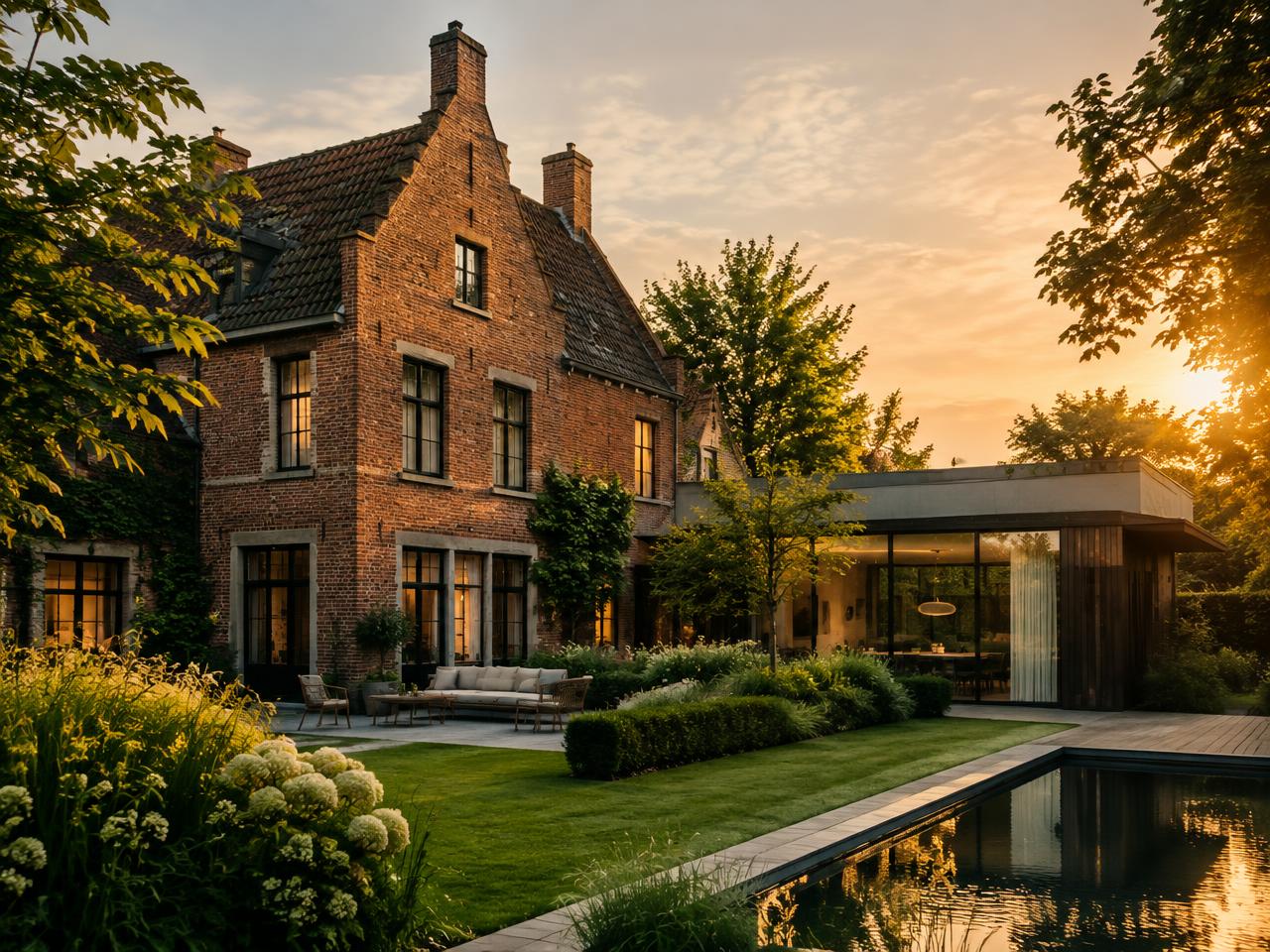 Vlaamse woning met tuin in warm avondlicht