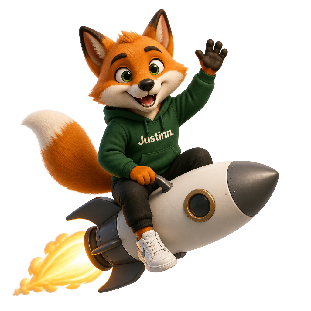 Justy, de mascotte van Justinn, lanceert een idee op een raket